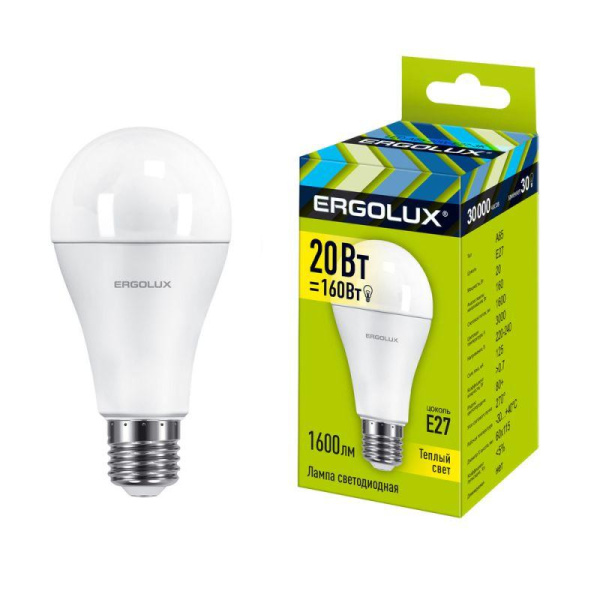 Лампа светодиодная LED-A65-20W-E27-3K 20Вт грушевидная матовая 3000К тепл. бел. E27 180-240В ЛОН Ergolux 13182