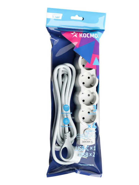Удлинитель 4х3м с заземл. 10А IP20 USB type-Aх2 + type-C 2500Вт 220В ПВС 3х1 с выкл. бел. КОСМОС YKsm3m4g-Z-VU10А-W