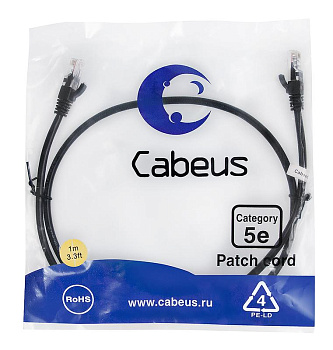 Патч-корд U/UTP кат.5E PC-UTP-RJ45-Cat.5e-1m-BK-LSZH 2xRJ45/8p8c неэкранир. LSZH 1м черн. Cabeus 9537c