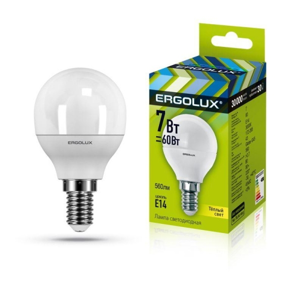 Лампа светодиодная LED-G45-7W-E14-3000K 7Вт шар матовая 3000К тепл. бел. E14 220-240В Ergolux 12142