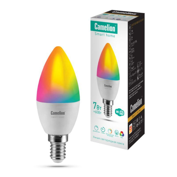 Лампа светодиодная Умный Дом Smart Home LSH7/C35/RGBСW/Е14/WIFI 7Вт свеча Е14 200-265В RGB+DIM+CW WiFi Camelion 14500