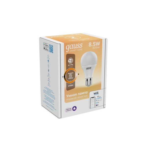 Лампа светодиодная умная Smart Home 8.5Вт A60 грушевидная 2700К тепл. бел. E27 806лм диммир. управление по Wi-Fi GAUSS 1050112