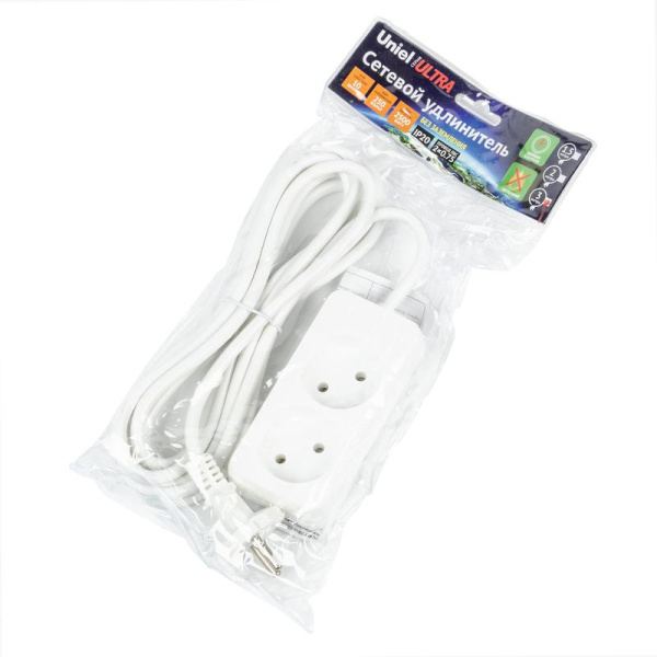 Удлинитель 2х3м без заземл. 10А Ultra S-CU2-3 WHITE бел. Uniel UL-00009977