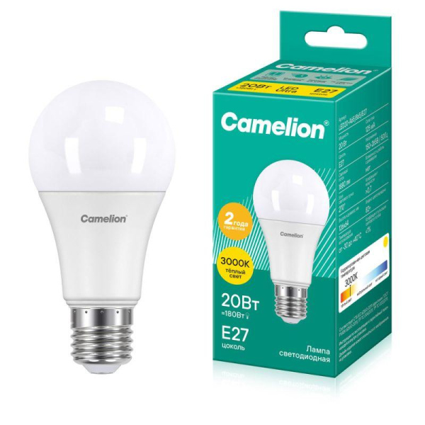Лампа светодиодная LED20-A65/830/E27 20Вт грушевидная матовая 3000К тепл. бел. E27 220В Camelion 13164
