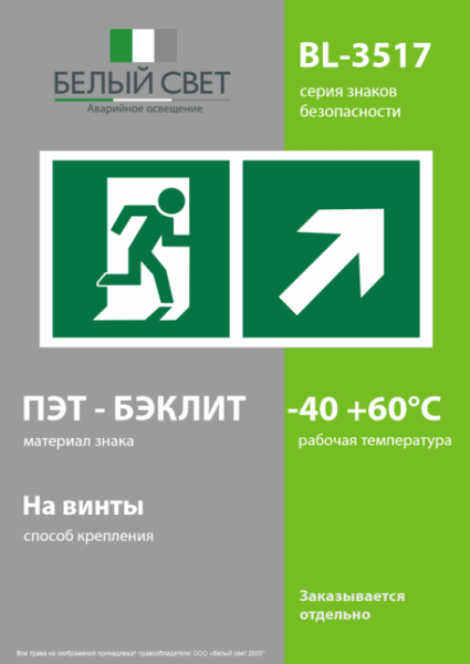 Знак безопасности BL-3517.E37"Напр. к эвакуационному выходу направо вверх" Белый свет a18610