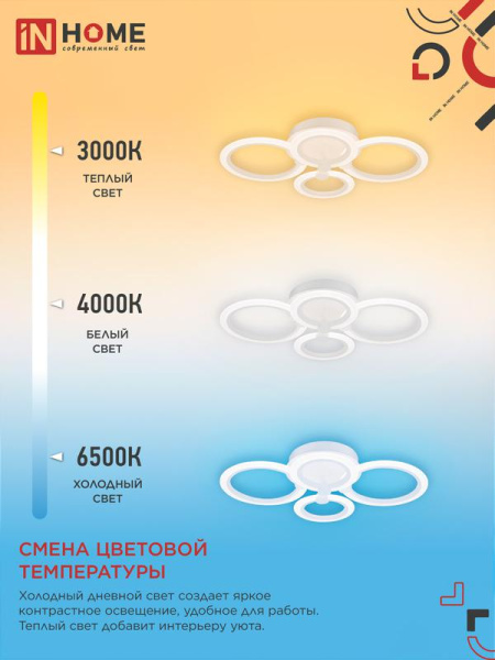 Светильник светодиодный ELEGANT BLISS-90W 90Вт 3000-4000-6500К 7000лм 230В 610х400х130мм с пультом ДУ IN HOME 4690612035444
