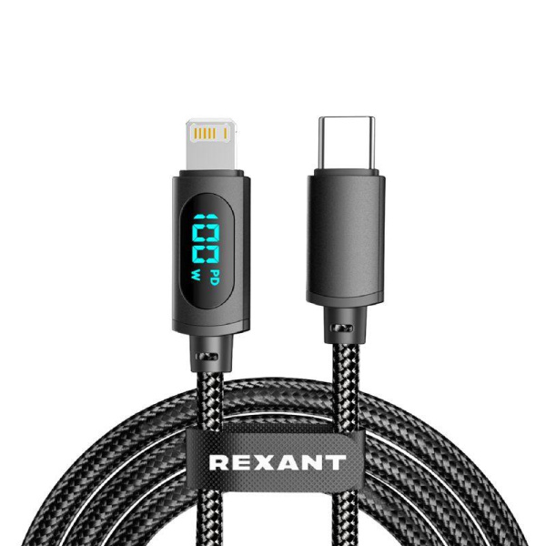 Кабель Type-C-Lightning для Apple 3А 1м черн. нейлон. оплетка LED дисплей Rexant 18-7068
