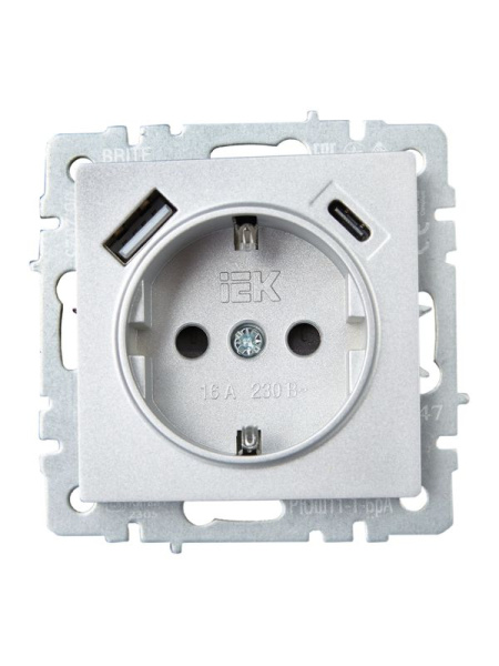 Розетка BRITE РЮш11-1-БрА 16А с USB A+C 18Вт с заземл. защ. шторки механизм алюм. IEK BR-R14-16-U22-018-K47