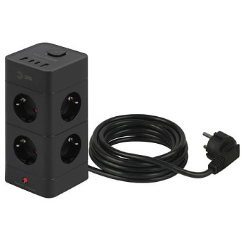 Фильтр сетевой башня 8х1.5 с заземл. 16А IP20 TWR-8es-1.5m-4USB-B с выключателем + 4хUSB A+C черн. Эра Б0069072