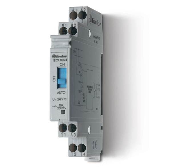 Модуль управления Авто-Вкл-Выкл 1CO 10А 24В AC/DC монтаж на рейку 35мм 11.2мм IP20 FINDER 192100240000