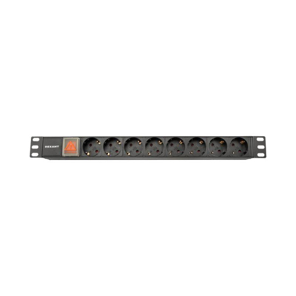 Блок распределения питания PDU 8 розеток СЕЕ 7/4 Schuko 10А выкл. гнездо C14 горизонт. корпус алюм. Rexant 04-0303-1