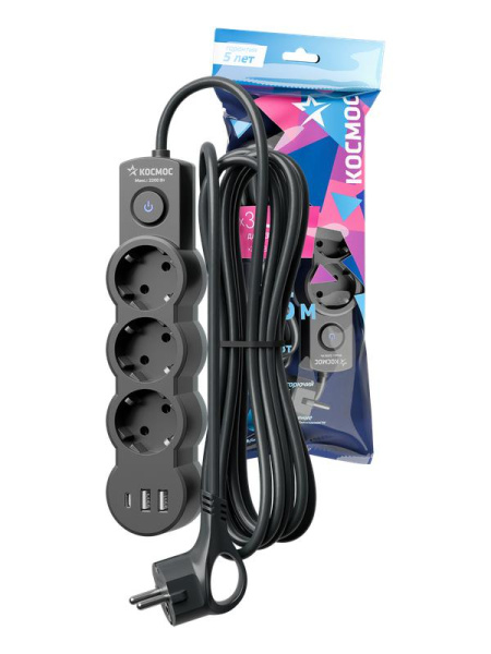 Удлинитель 3х1.5м с заземл. 10А IP20 USB 2800Вт 220В ПВС 3х1 с выкл. черн. КОСМОС YKsm1.5m3g-Z-VU10А-B