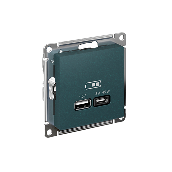 Розетка USB AtlasDesign тип A+C 45Вт QC PD высокоскор. ЗУ механизм изумруд SE ATN000829