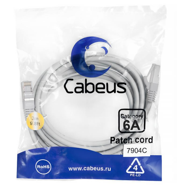 Патч-корд S/FTP кат.6A PC-SSTP-RJ45-Cat.6a-3m-LSZH 2xRJ45/8p8c экранир. LSZH (10G) 3м сер. Cabeus 7904c