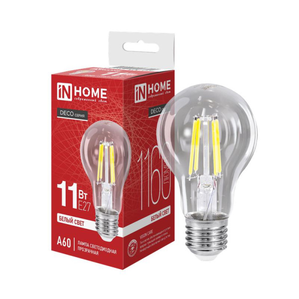 Лампа светодиодная LED-A60-deco 11Вт грушевидная прозрачная 4000К нейтр. бел. E27 1160лм 230В IN HOME 4690612026145
