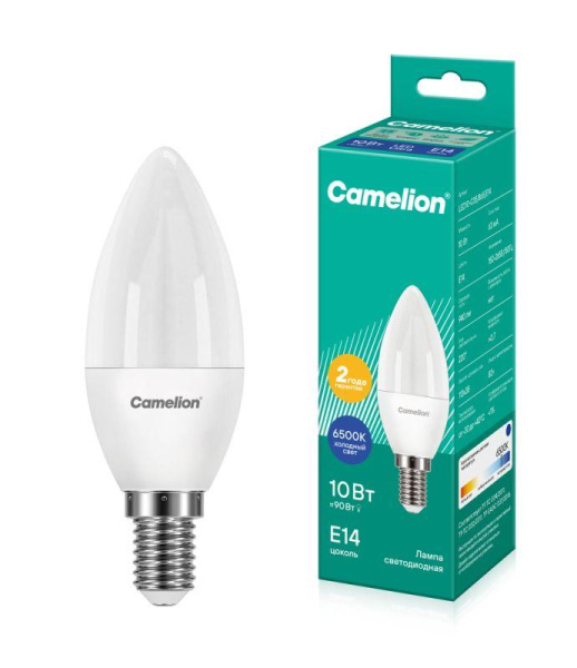 Лампа светодиодная LED10-C35/865/E14 10Вт свеча матовая 6500К холод. бел. E14 220В Camelion 13563