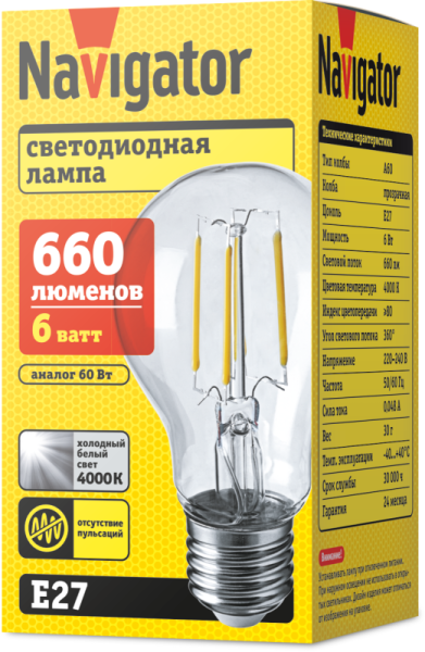 Лампа светодиодная 61 344 NLL-F-A60-6-230-4K-E27 6Вт грушевидная прозрачная 4000К нейтр. бел. E27 660лм 176-264В Navigator 61344