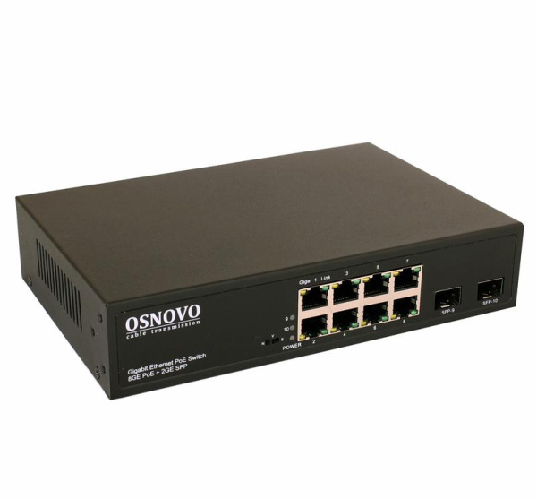 Коммутатор PoE SW-80802(150Вт) Gigabit Ethernet на 8 RJ45 + 2 SFP порта OSNOVO 13596