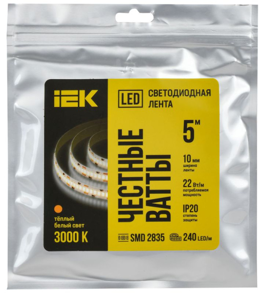 Лента светодиодная 2835-240LED 22Вт/м IP20 10мм 24В 3000К (уп.5м) IEK LSR6-1-240-20-1-05