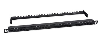 Патч-панель 19дюйм 0.5U 24 порта RJ45 кат.6A Dual IDC 180град. высокой плотности с задн. кабельн. организатором Cabeus 9665c