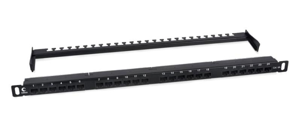Патч-панель 19дюйм 0.5U 24 порта RJ45 кат.6A Dual IDC 180град. высокой плотности с задн. кабельн. организатором Cabeus 9665c