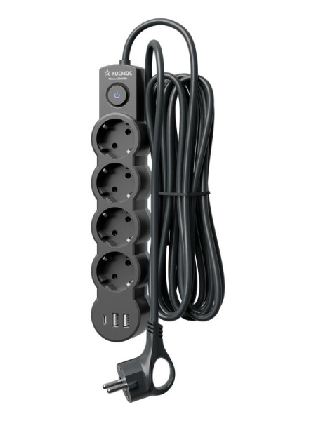 Удлинитель 4х3м с заземл. 10А IP20 USB type-Aх2 + type-C 2500Вт 220В ПВС 3х1 с выкл. черн. КОСМОС YKsm3m4g-Z-VU10А-B
