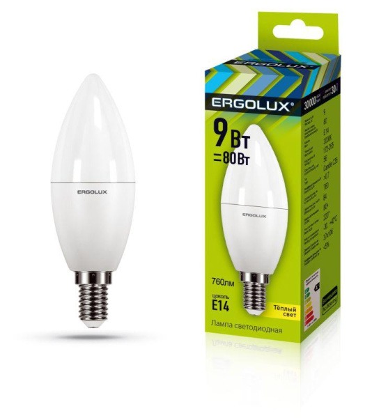 Лампа светодиодная LED-C35-9W-E14-3К 9Вт свеча матовая 3000К тепл. бел. E14 220-240В Ergolux 13167