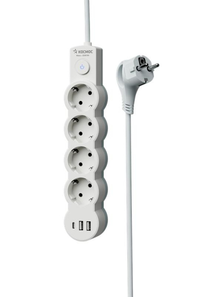 Удлинитель 4х3м с заземл. 10А IP20 USB type-Aх2 + type-C 2500Вт 220В ПВС 3х1 с выкл. бел. КОСМОС YKsm3m4g-Z-VU10А-W