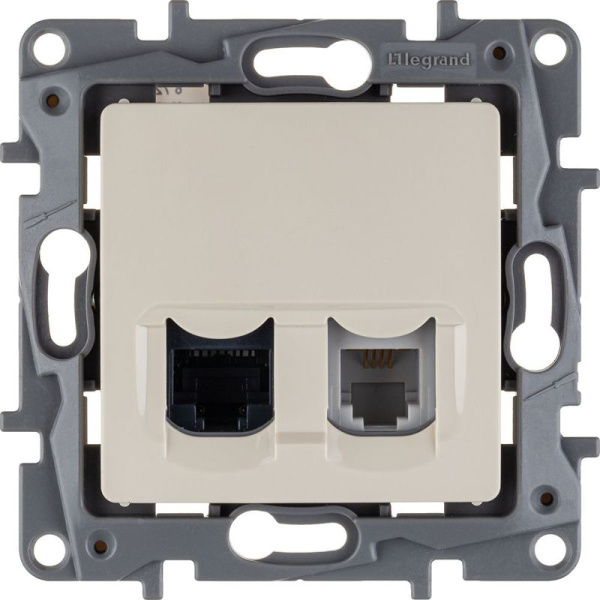 Розетка компьютерная + телефонная 2-м СП Etika RJ45 + RJ11 кат.5E UTP механизм сл. кость IEK 672352