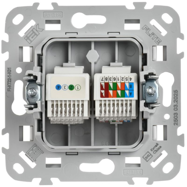 Розетка 2-м СП FLITE РКТ5е/3-2-0-ФлБ RJ45/RJ11 кат.5E/3 UTP механизм бел. IEK FI-KT22-1-K01