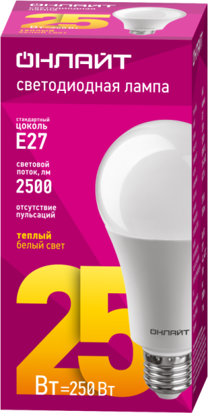 Лампа светодиодная 61 953 OLL-A60-25-230-2.7K-E27 25Вт грушевидная 2700К тепл. бел. E27 2500лм 176-264В ОНЛАЙТ 61953