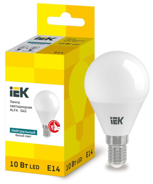 Лампа светодиодная Alfa 10Вт G45 шар 4000К нейтр. бел. E14 230В IEK LLA-G45-10-230-40-E14