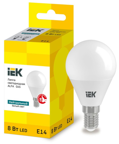 Лампа светодиодная Alfa 8Вт G45 шар 4000К E14 230В (6шт) IEK LLA-G45-8-230-40-E14-6