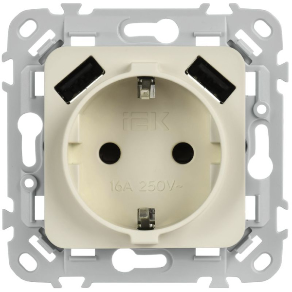 Розетка 1-м СП FLITE РСЮша11-1-ФлСл 16А с USB A+A 3.1А с заземл. с защ. шторками безвинтовое крепление механизм сливочный IEK FI-R14-16-1-U21-D31-K86