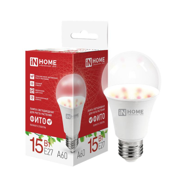 Лампа светодиодная LED-A60 PRO-ФИТО 15Вт полный спектр E27 В230 IN HOME 4690612065687