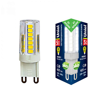 Лампа светодиодная LED-JCD-5W/4000K/G9/CL GLZ09TR 5Вт прозрачная 4000К нейтр. бел. (упак. картон) Uniel UL-00006749