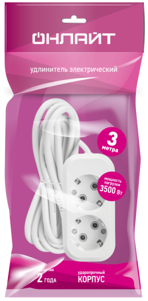 Удлинитель 2х3м с заземл. 16А IP20 90513 OPE-S-02-300-Е-3х1 ОНЛАЙТ 90513