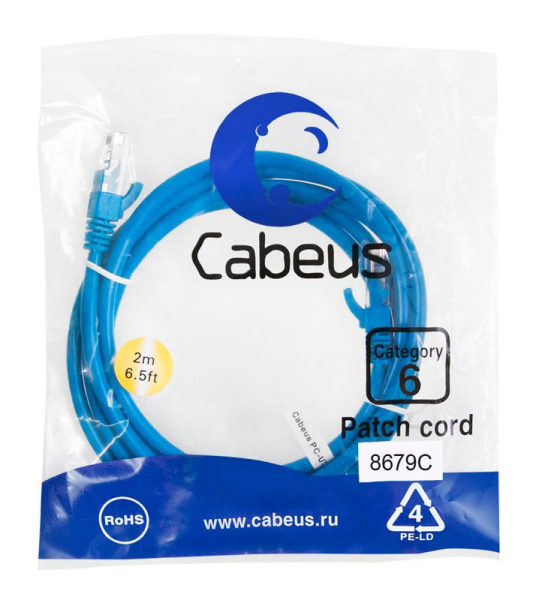 Патч-корд U/UTP кат.6 PC-UTP-RJ45-Cat.6-2m-BL 2xRJ45/8p8c неэкранир. PVC 2м син. Cabeus 8679c