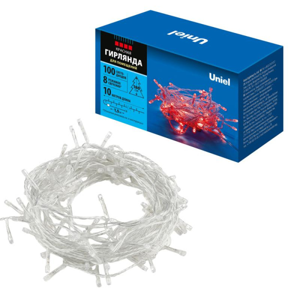Гирлянда светодиодная ULD-S1000-100/DTA RED IP20 10м 100 LED красн. свет провод прозр. Uniel UL-00008666