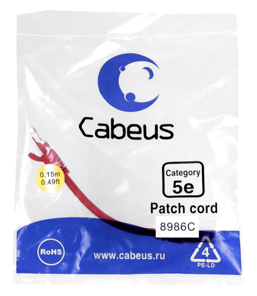 Патч-корд U/UTP кат.5E PC-UTP-RJ45-Cat.5e-0.15m-RD-LSZH 2xRJ45/8p8c неэкранир. LSZH 0.15м красн. Cabeus 9510c