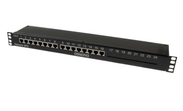 Устройство грозозащиты SP-IP16/1000PR 1U для локал. вычислит. сети на 16 портов (скорость до 1000Мб/с) с защит. линий PoE OSNOVO 14276