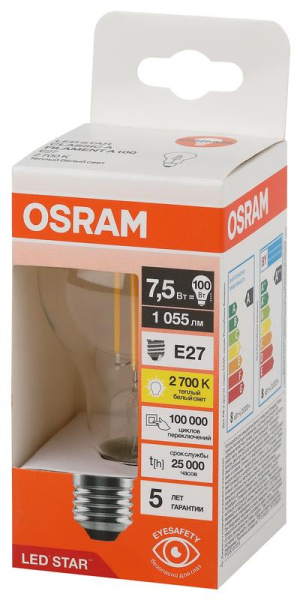 Лампа светодиодная филаментная LSCLA100 7.5W/827230VFILCL 7.5Вт 2700К тепл. бел. E27 1055лм A угол пучка 300град. 220-240В (замена 100Вт) прозр. стекло OSRAM 4058075684126