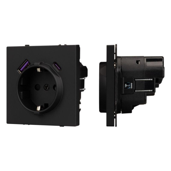 Розетка ARL NOBE SCT-MUAC-SFPL-BK 16А 250В с заземл. со шторками с USB тип А+С софт-тач черн. оникс Arlight 054285(1)