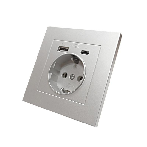 Розетка СП Афина 16А с заземл. с 2-мя заряд. устр. USB 5В тип А(2.4А)+С(4А) в сборе сл. кость (ivory) Universal A0056-I