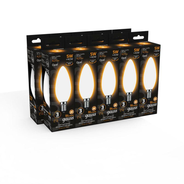 Лампа светодиодная филаментная Black Filament 5Вт свеча матовая 2700К тепл. бел. E14 420лм GAUSS 103201105