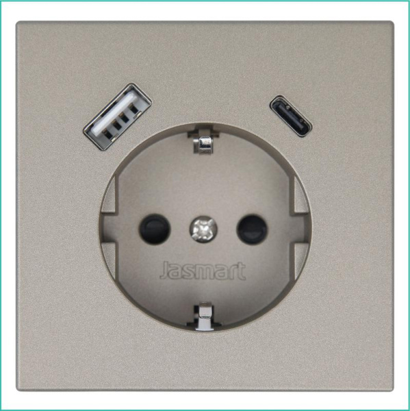 Розетка СП FD Shuko 16А с заземл. защ. шторки с 2-мя заряд. устр. USB тип A+C 25Вт механизм бронза Jasmart FD5501USB-25BR