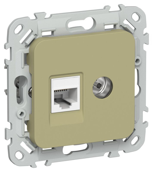 Розетка 2-м СП FLITE РКТВ5е-2-0-ФлО RJ45/TV кат.5E UTP механизм олив. IEK FI-AK22-1-K26