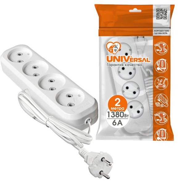 Удлинитель 4х2м 6А IP20 У6-766 ШВВП 2х0.75 UNIVersal 9631942