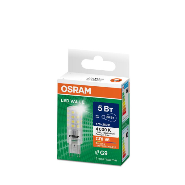 Лампа светодиодная LED G4 Value LVPIN60 5W/940 CRI95 5Вт 4000К 700лм капсульная прозр. G9 170-250В OSRAM 4610590510351
