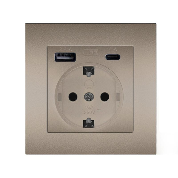 Розетка СП Афина 16А с заземл. с 2-мя заряд. устр. USB 5В тип А(2.4А)+С(4А) в сборе шампань Universal A0056-Br